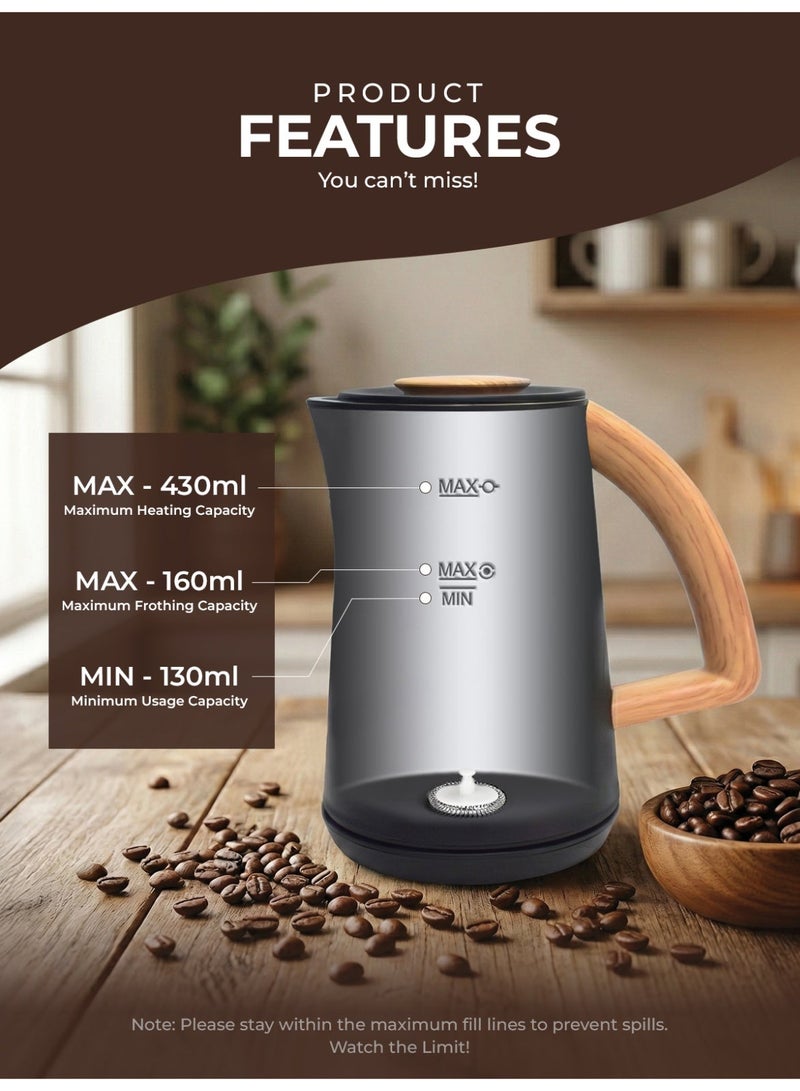 افريني جهاز أفْريني 4 في 1 لتسخين وتبخير الحليب الكهربائي، مزوّد بمقبض خشبي وشاشة LCD، مصنوع من الفولاذ المقاوم للصدأ، جهاز أوتوماتيكي لصنع الرغوة الساخنة والباردة وتسخين الحليب للاتيه والكابتشينو والماكياتو، 500 واط، باللون الأسود - Image 5